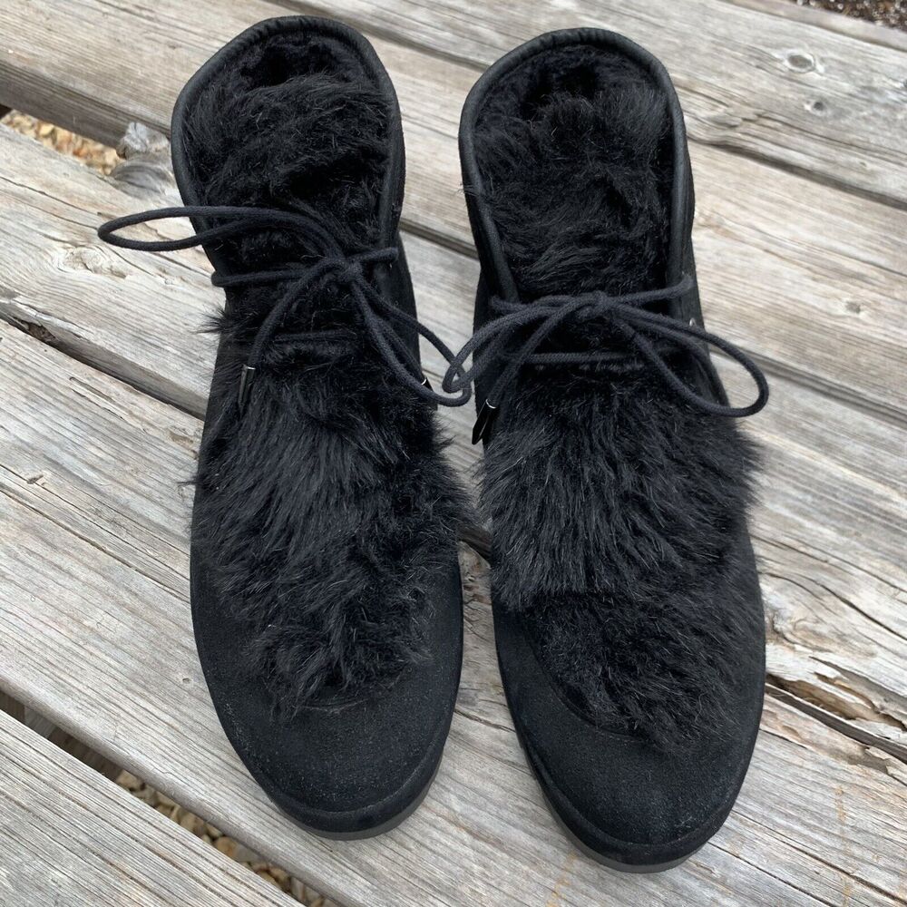 Avec les Filles Black Suede Faux Fur Lined Ankle Boots Lug Sole Lace Up Winter 9